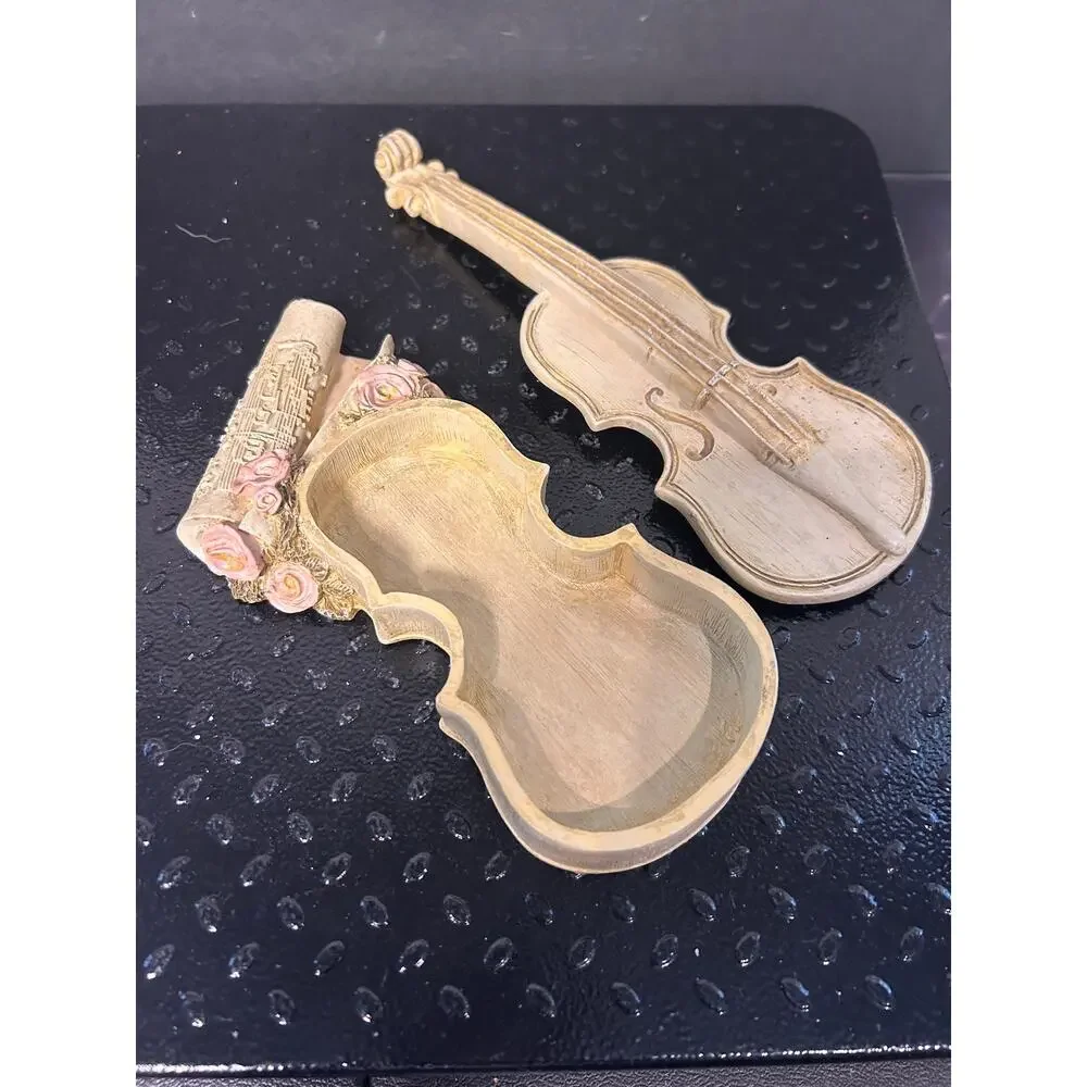 vintage resin violin trinket box with roses